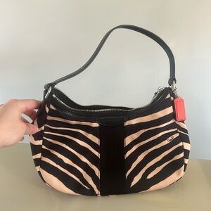 COACH Singature Stripe Zebra Printed Black/Tan Handbag Purse